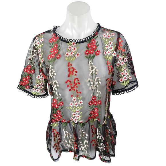 Loveriche Black Mesh Sheer Floral Embroidered Short Sleeve Peplum Blouse Top M - Picture 1 of 5